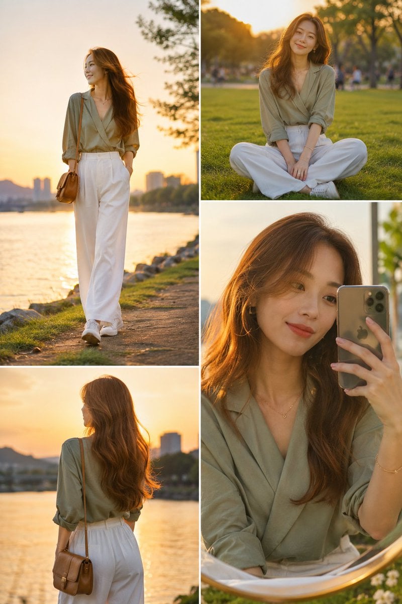 A high-fashion editorial collage of a stylish East Asian woman at a sce…