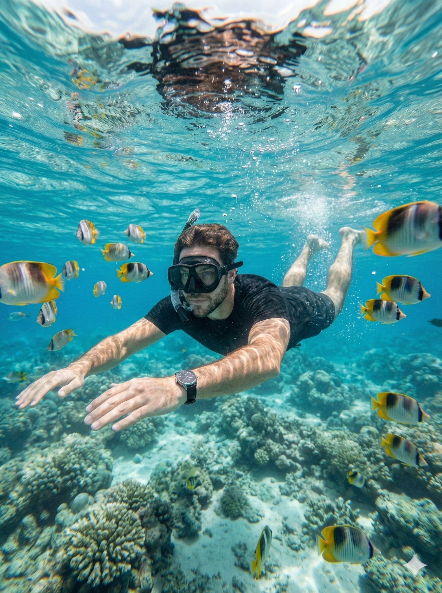 Create a hyper-realistic underwater close-range portrait captured with …