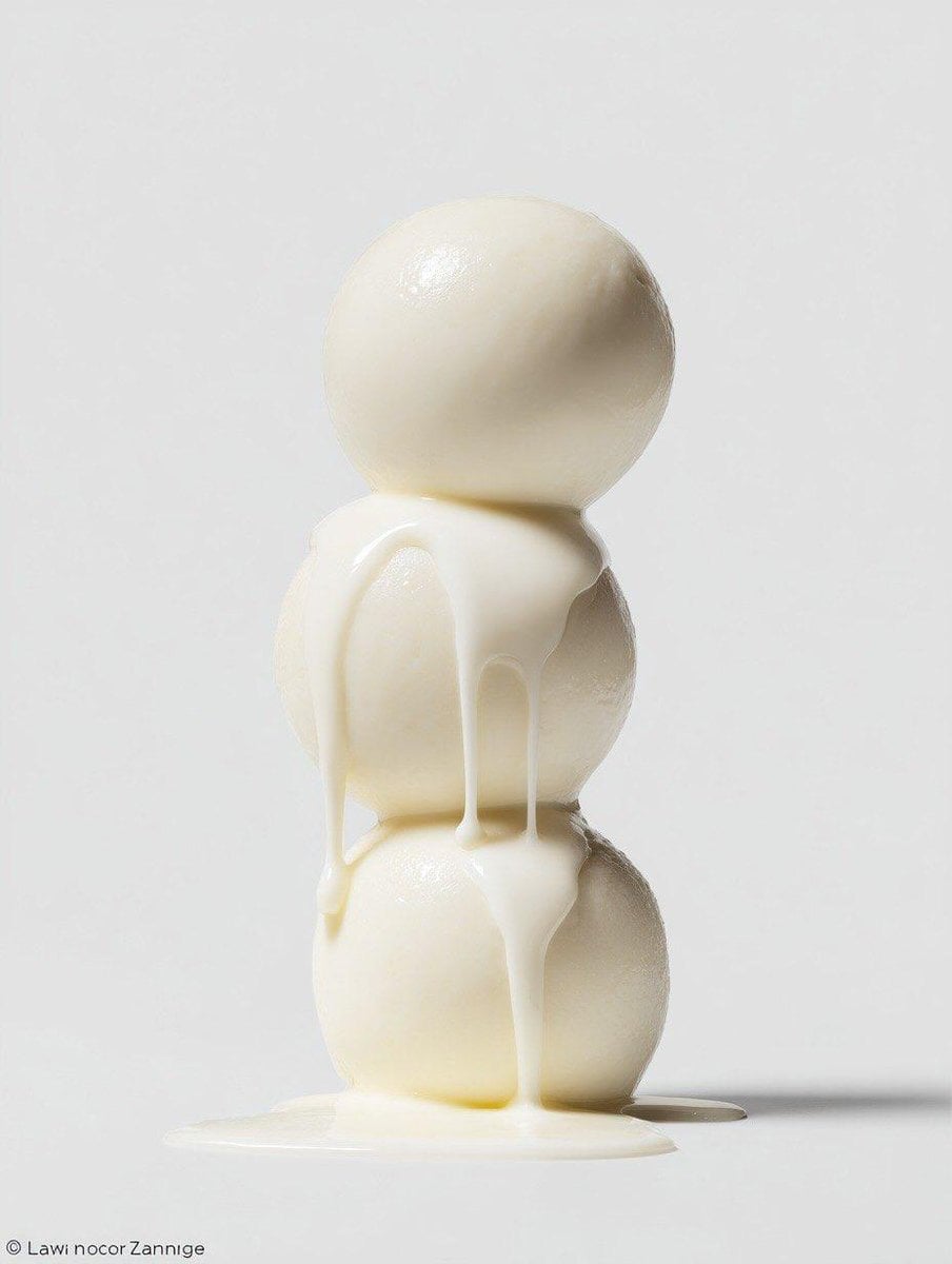 a stack of three [FOOD ITEM] with [LIQUID] dripping down, on a white ba…
