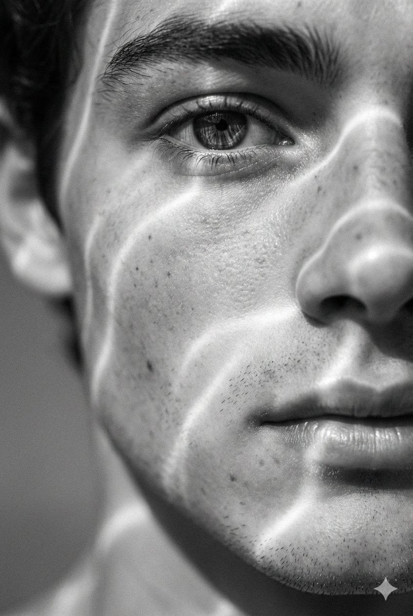 A hyperrealistic 8K black and white extreme close-up portrait of a youn…