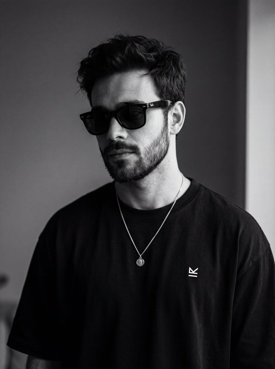 Ultra-realistic monochrome portrait of a young man wearing black wayfar…