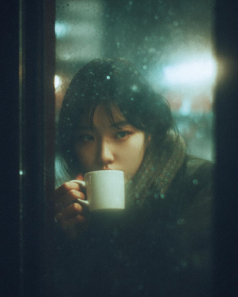 A cinematic, moody photograph of a young woman sitting inside a café at…
