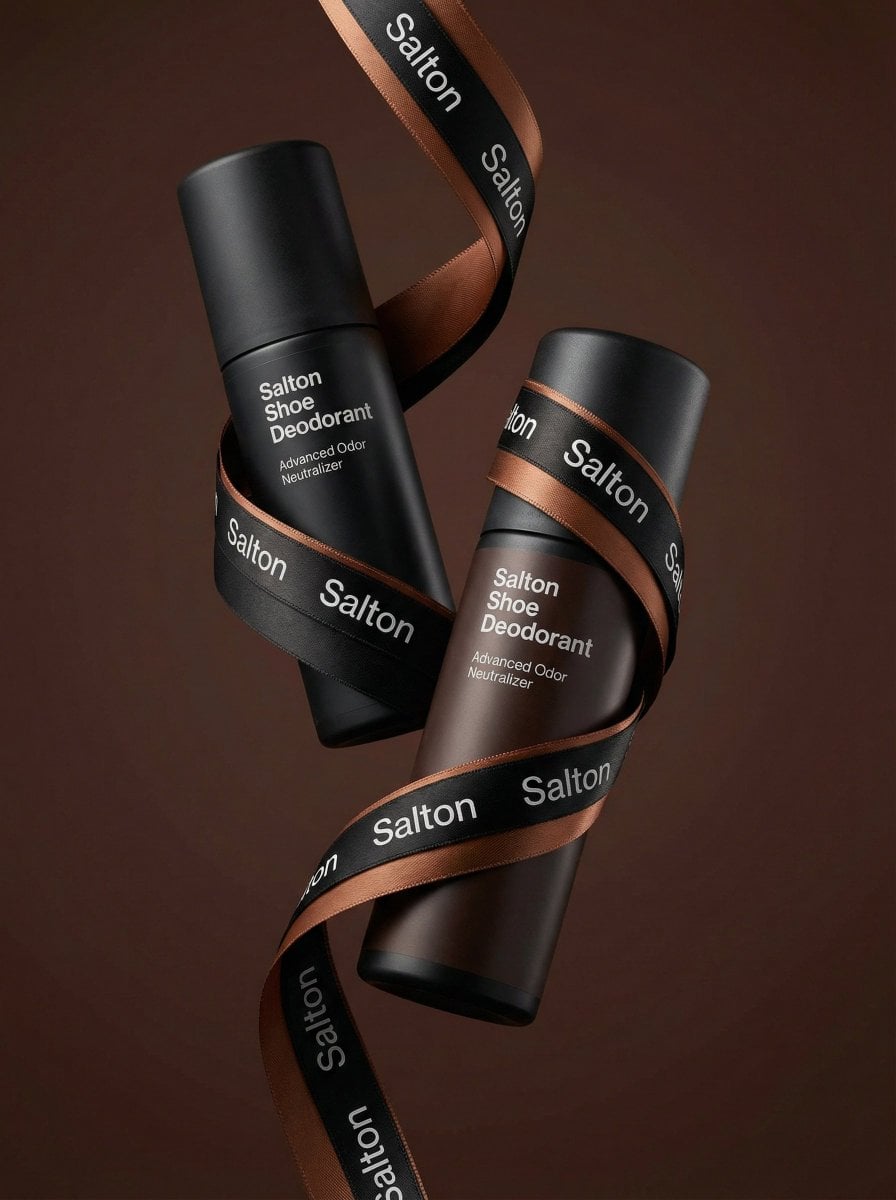 A product photo in a premium advertising style. Two tall matte bottles …