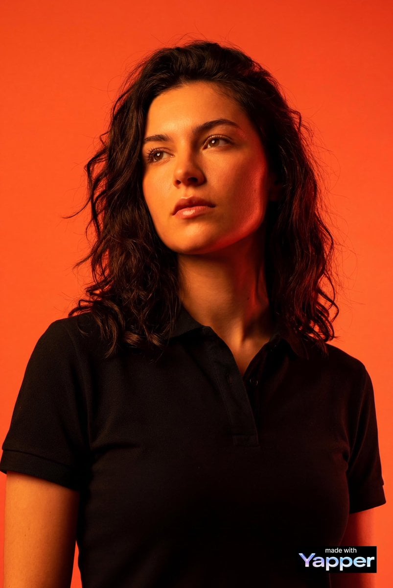 Create a high-impact editorial studio portrait using the person from th…