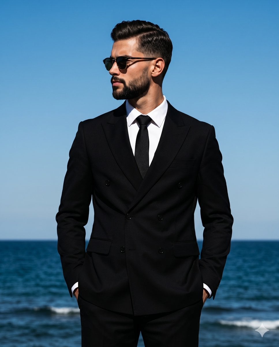 A handsome man stands perfectly centered in a medium-scale shot, exudin…