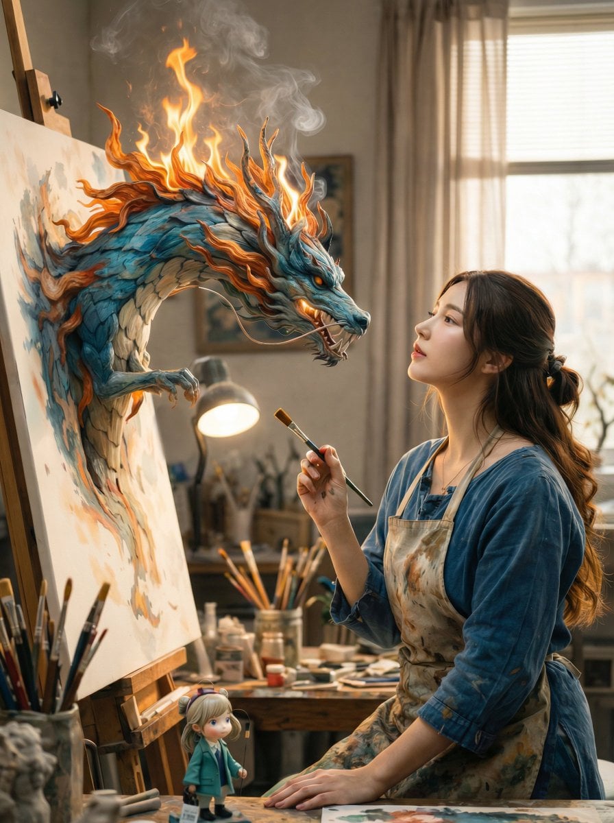 A cinematic fantasy scene inside a cozy artist’s studio. A young female…