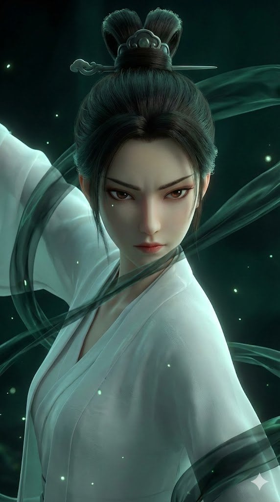 A stunning 3D Chinese animation style close-up of a beautiful heroine, …