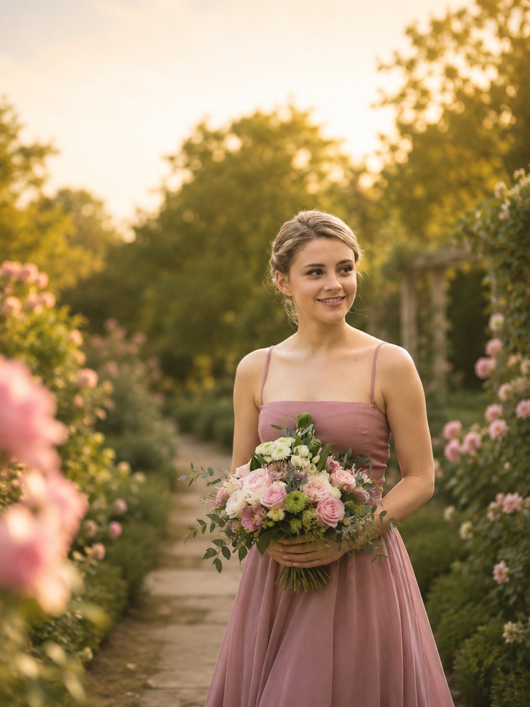 Wide romantic garden editorial shot, young woman in dusty rose spaghett… 1