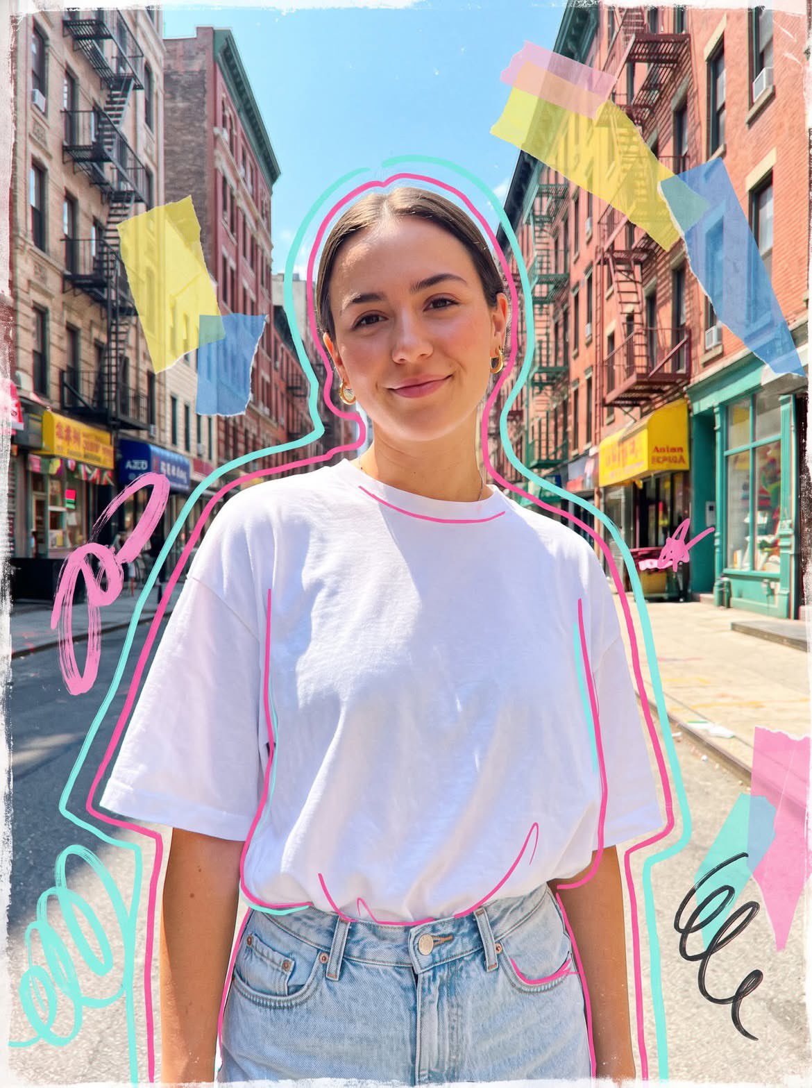 Photorealistic mixed media collage street portrait of a young woman on … 2