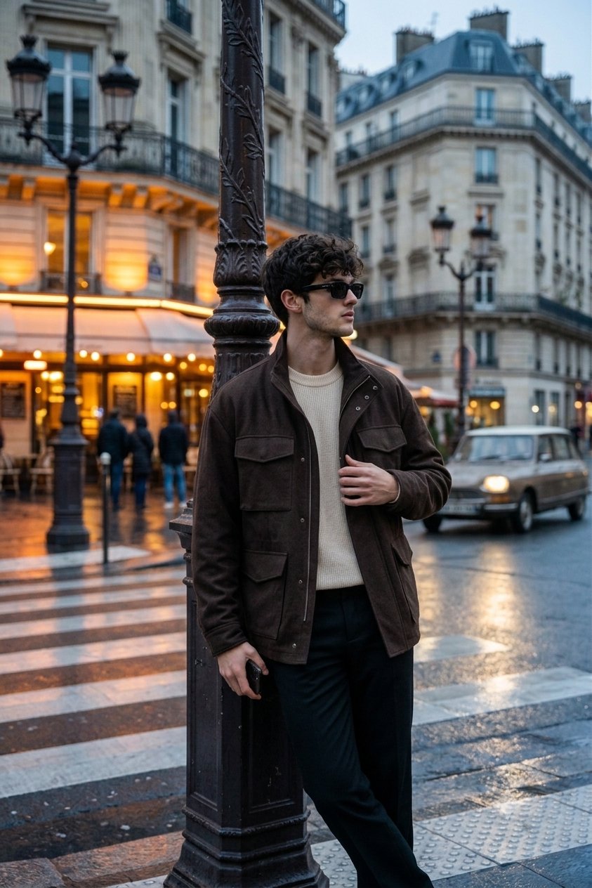 Create a luxury travel fashion editorial portrait of a young man standi… 1