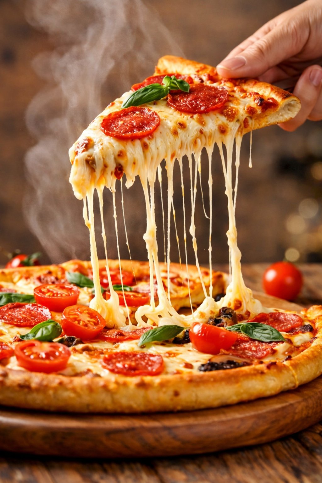 A hyper-realistic, cinematic close-up of a freshly baked pepperoni pizz…