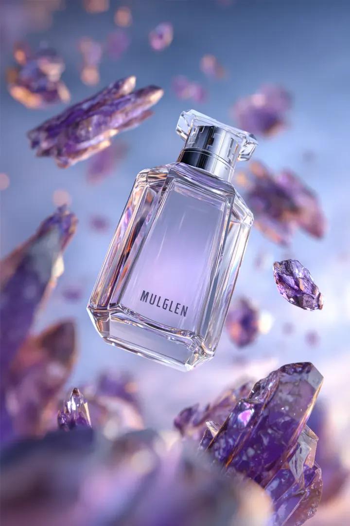 A Versace Eros perfume bottle suspended mid-air, surrounded by shimmeri…