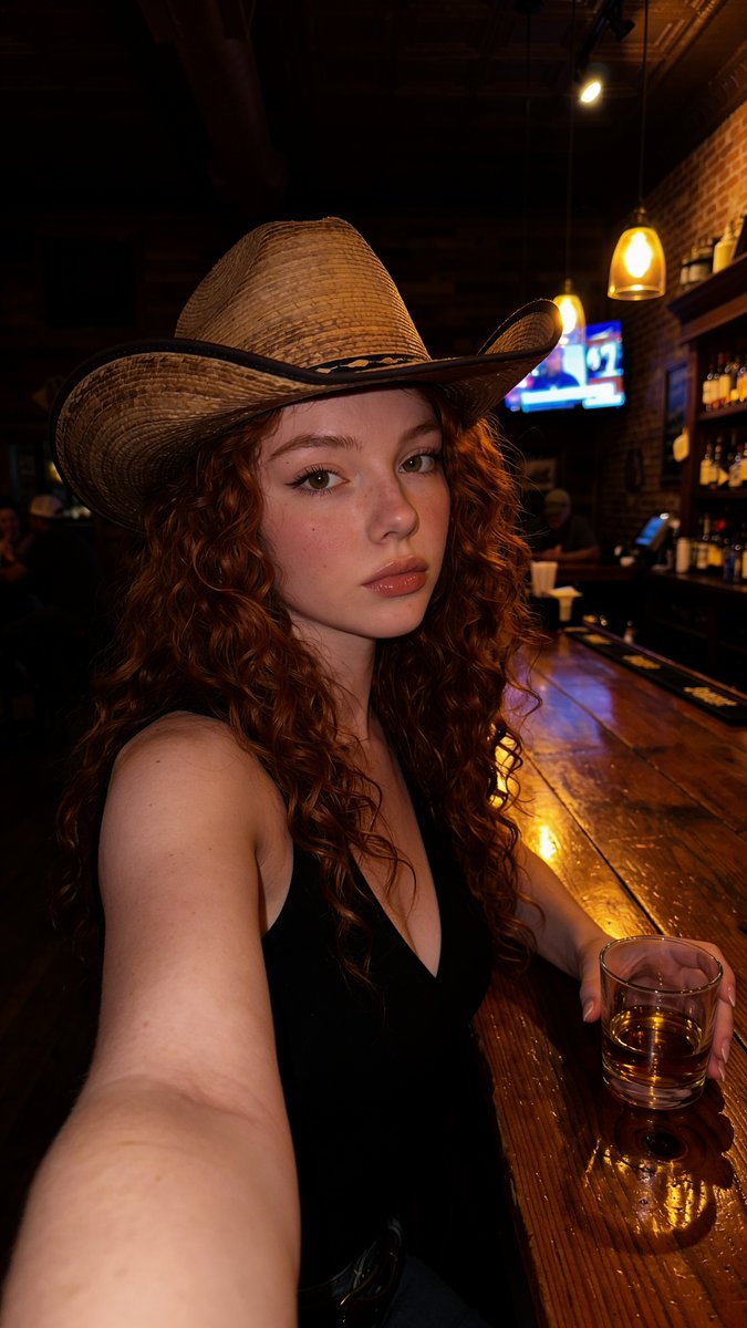 Ultra-realistic cinematic western bar portrait of a young woman with lo…
