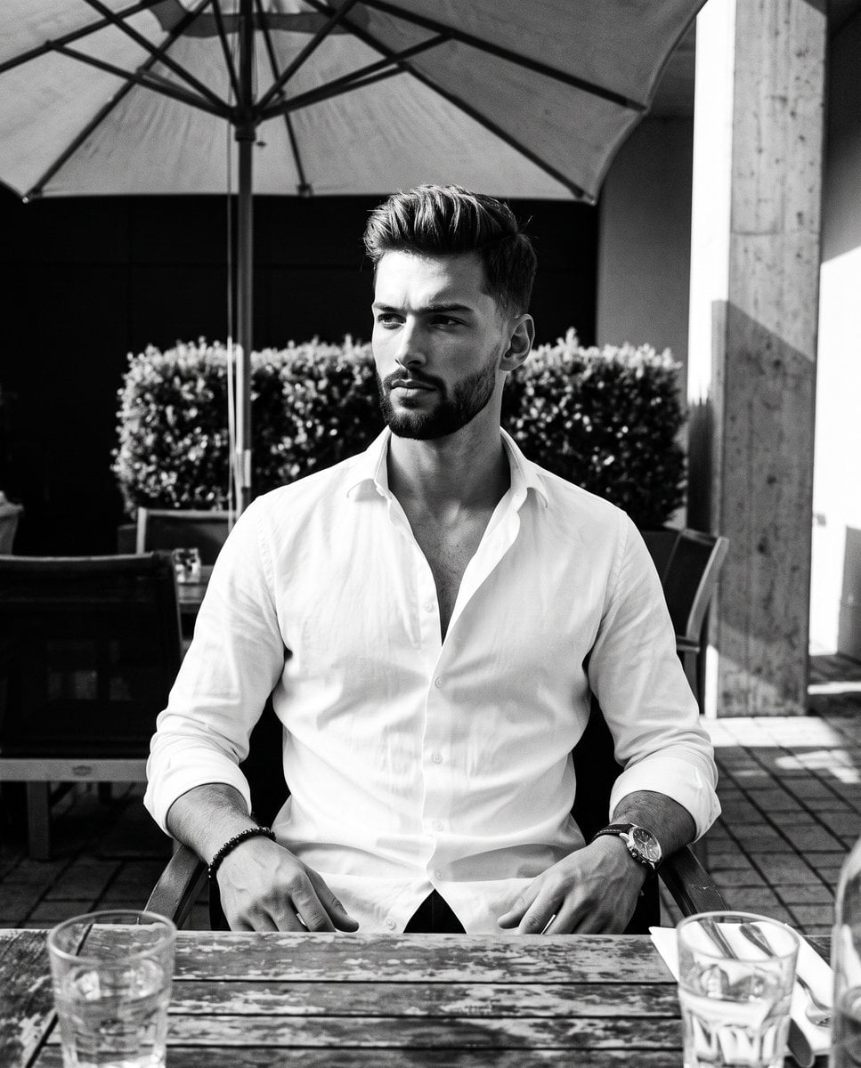 A man sits centered facing the camera with relaxed shoulders, portrayin…
