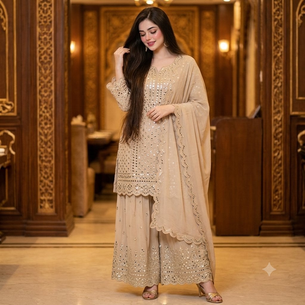 Create A beautiful woman with hips touching brown hair, wearing a Zeelf…