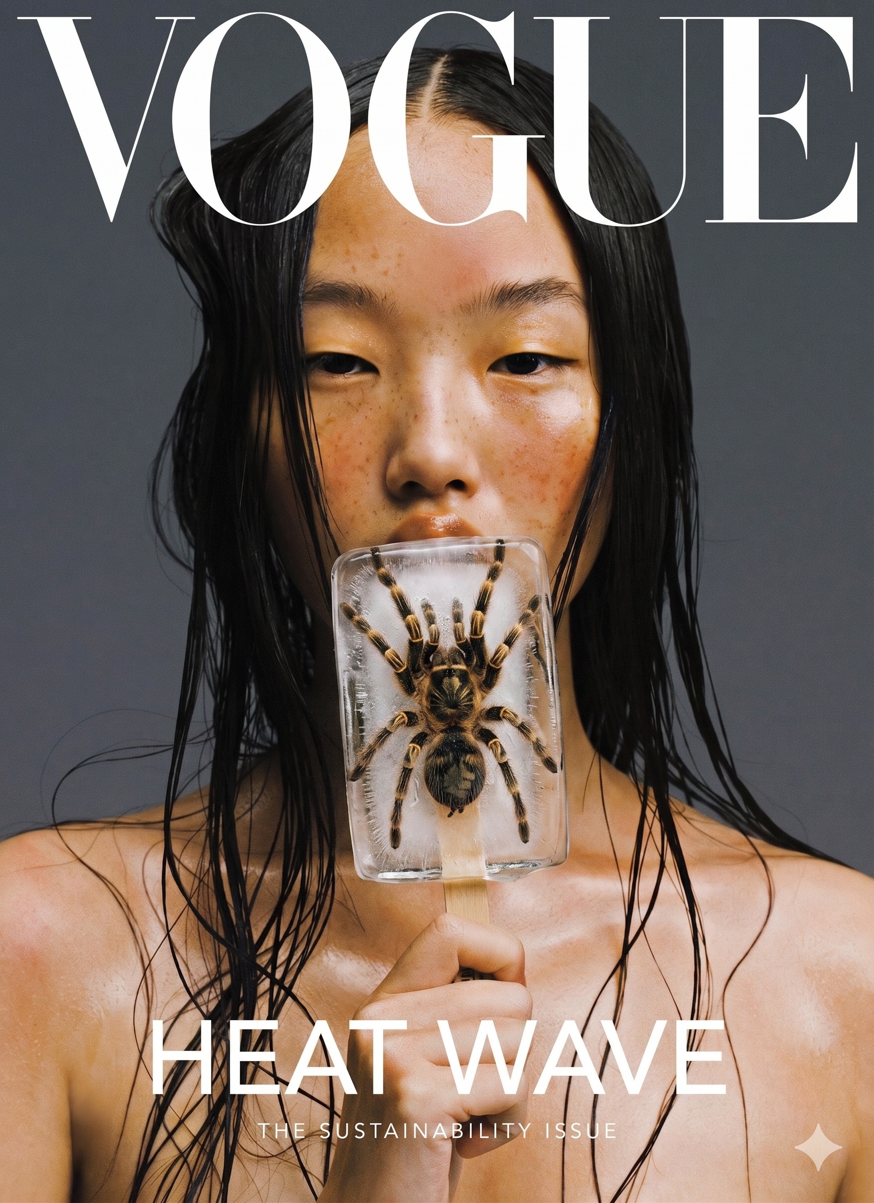 High-fashion editorial portrait of an East Asian model with wet, dark, … 1