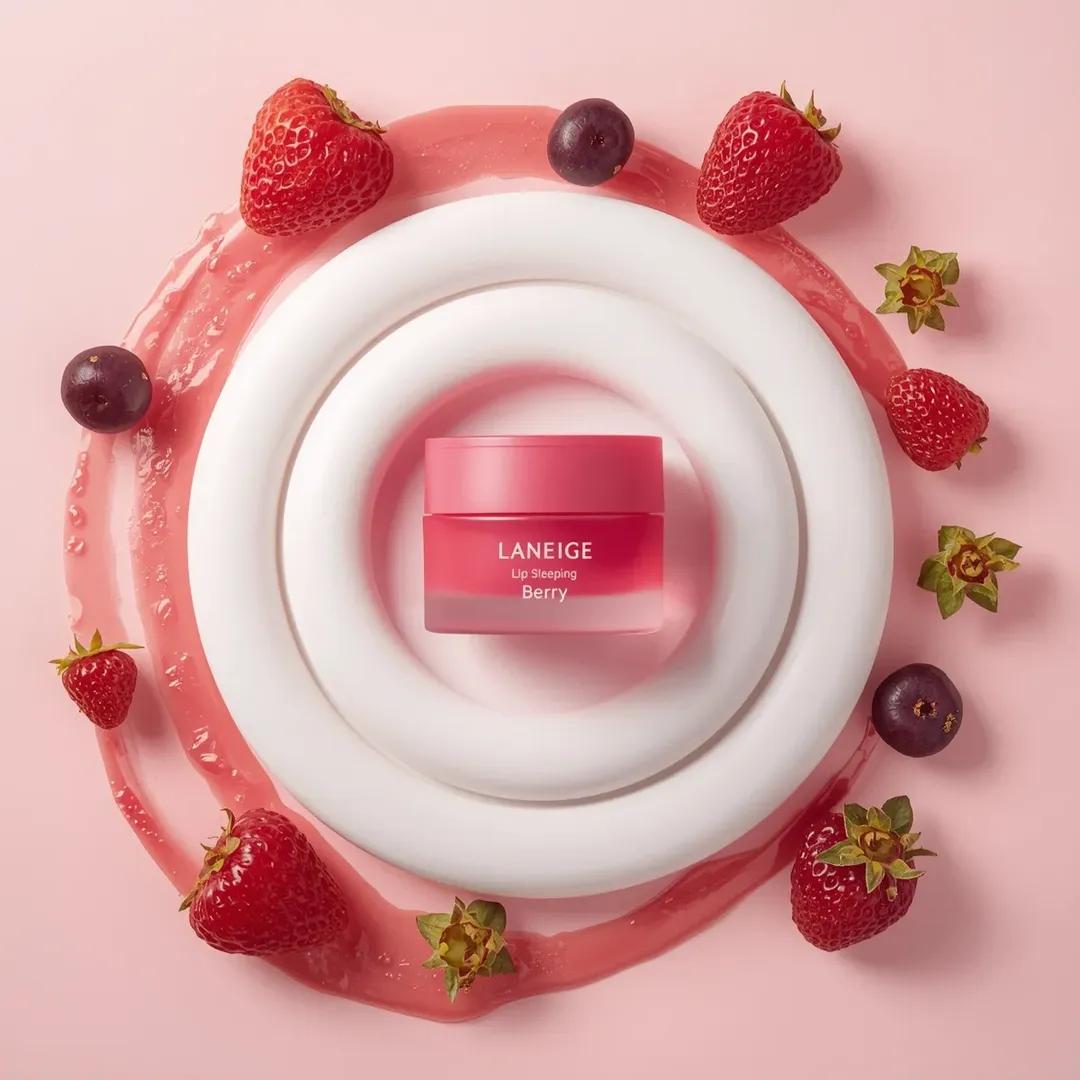 A centrally placed pink cosmetic jar labeled “LANEIGE Lip Sleeping Mask… 3