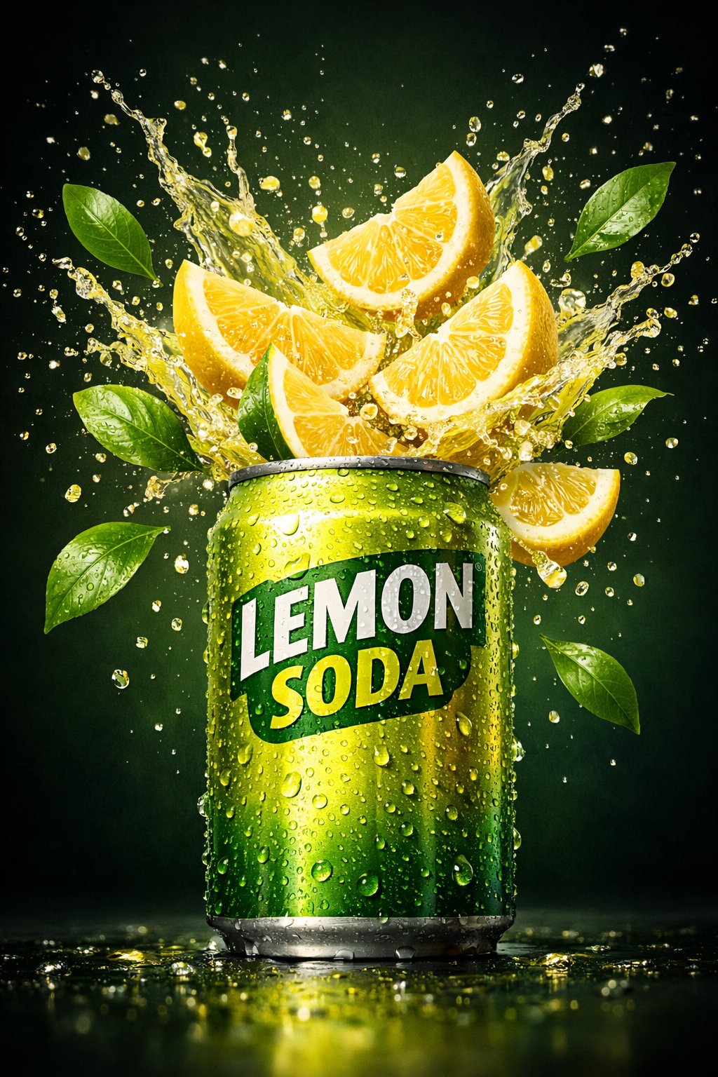 A hyper-realistic commercial product shot of a lemon soda can, with fre…