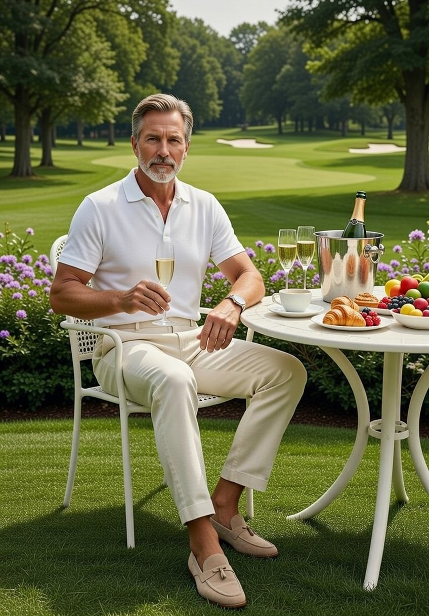 A luxurious outdoor breakfast scene on a pristine golf course, early mo… 1