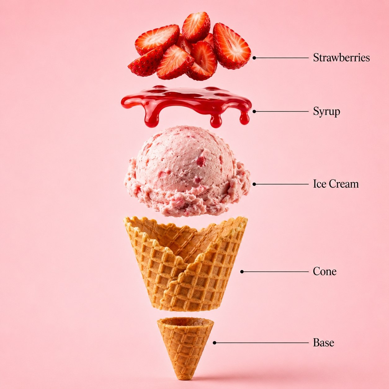 A premium dessert product photograph of a strawberry ice cream cone cen… 1
