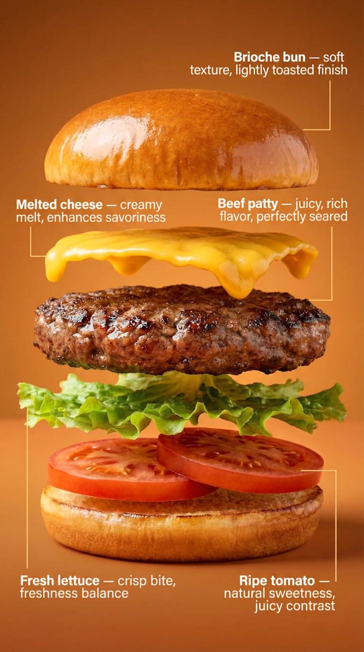 1️⃣ High-end commercial food photography of a premium burger. The burge…