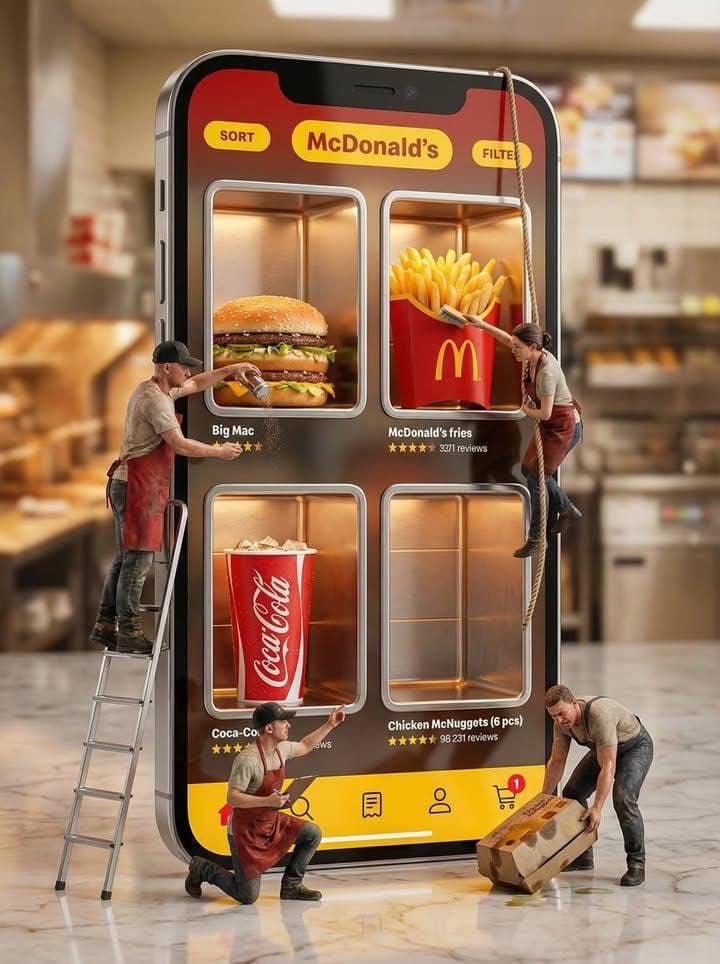 Ultra-realistic creative advertising scene showing a giant smartphone d…