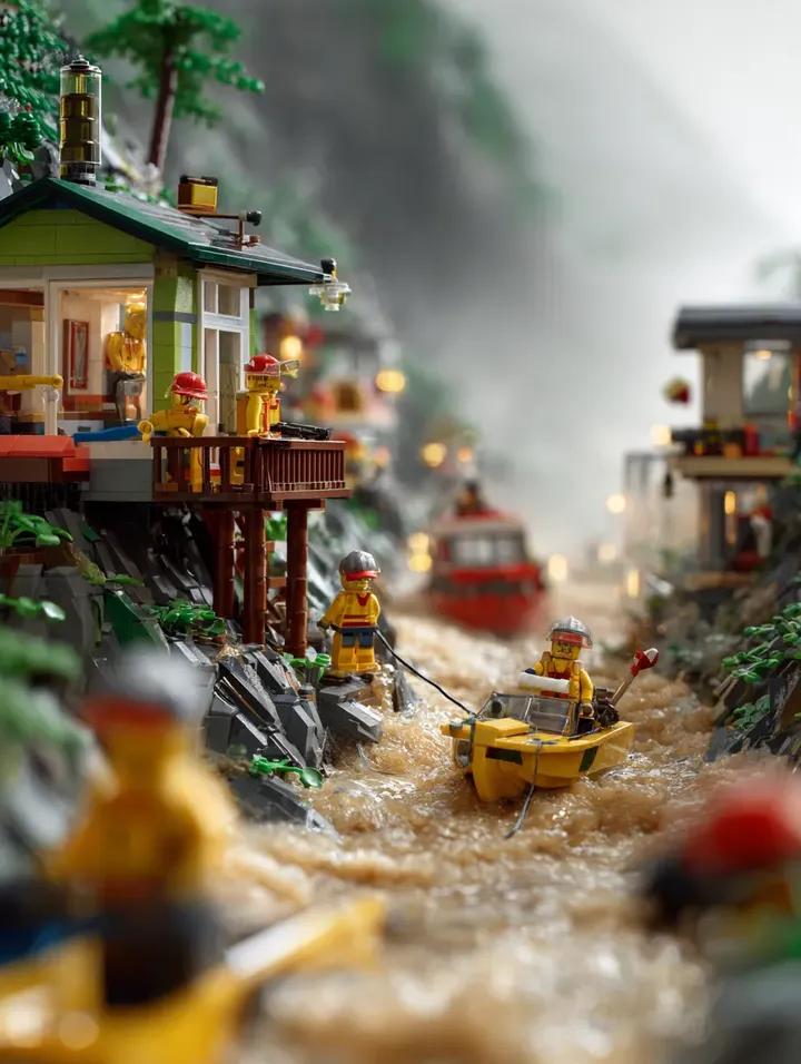 LEGO mountain flood rescue scene, torrential rain causing river overflo…