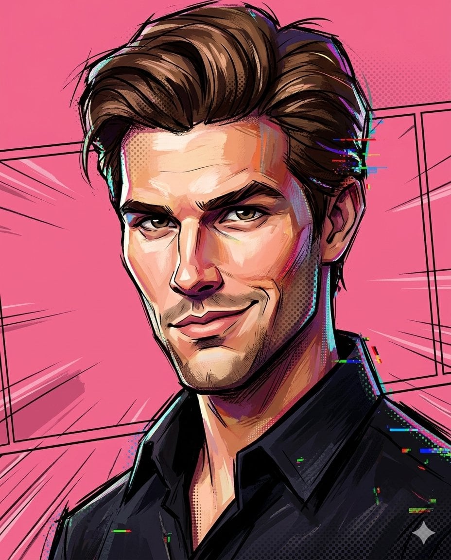 A painterly exaggerated cartoon portrait combining sculpted 3D anatomy …