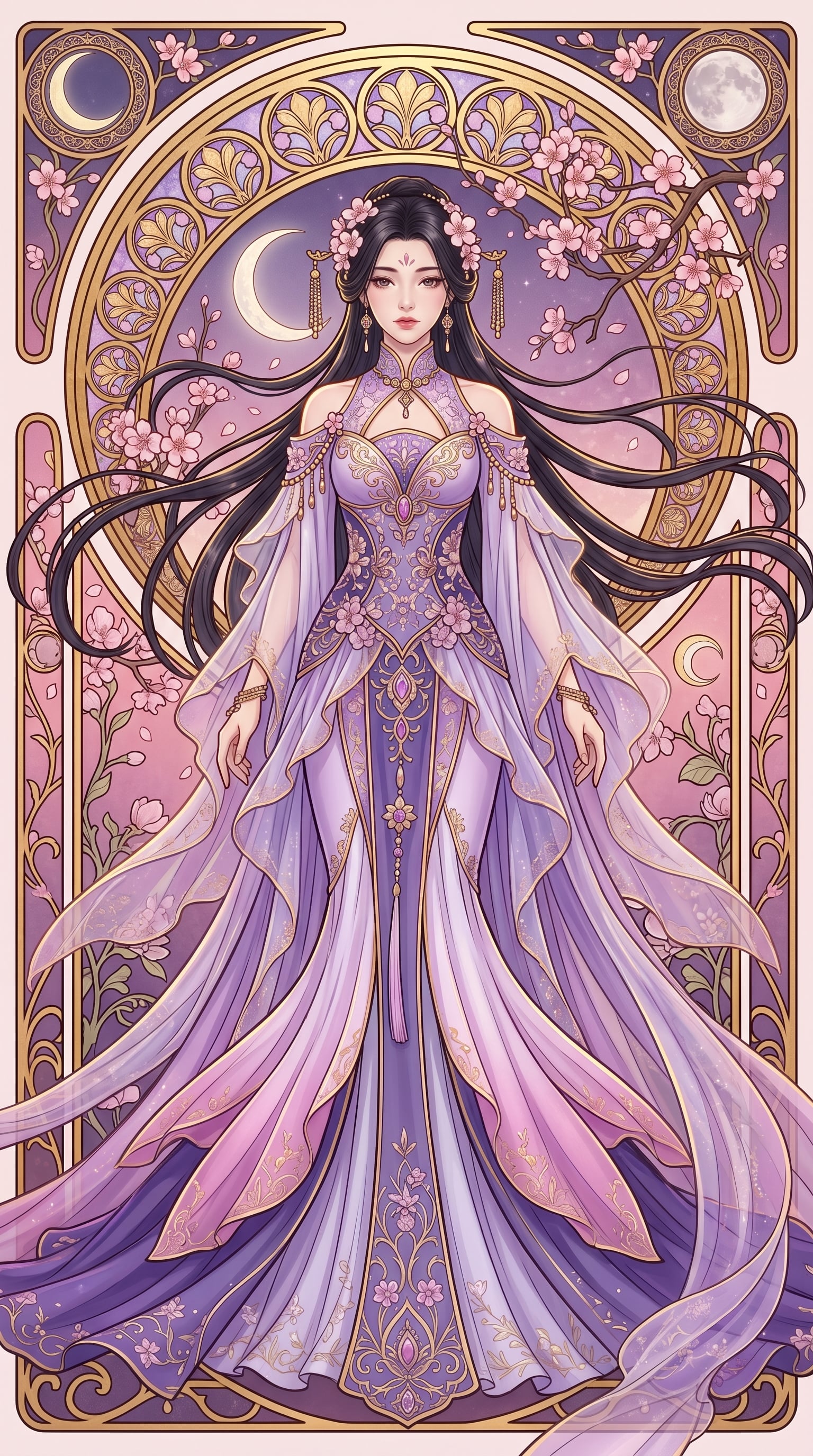 9:16 vertical format; an exquisitely ornate Art Nouveau-style poster fe…