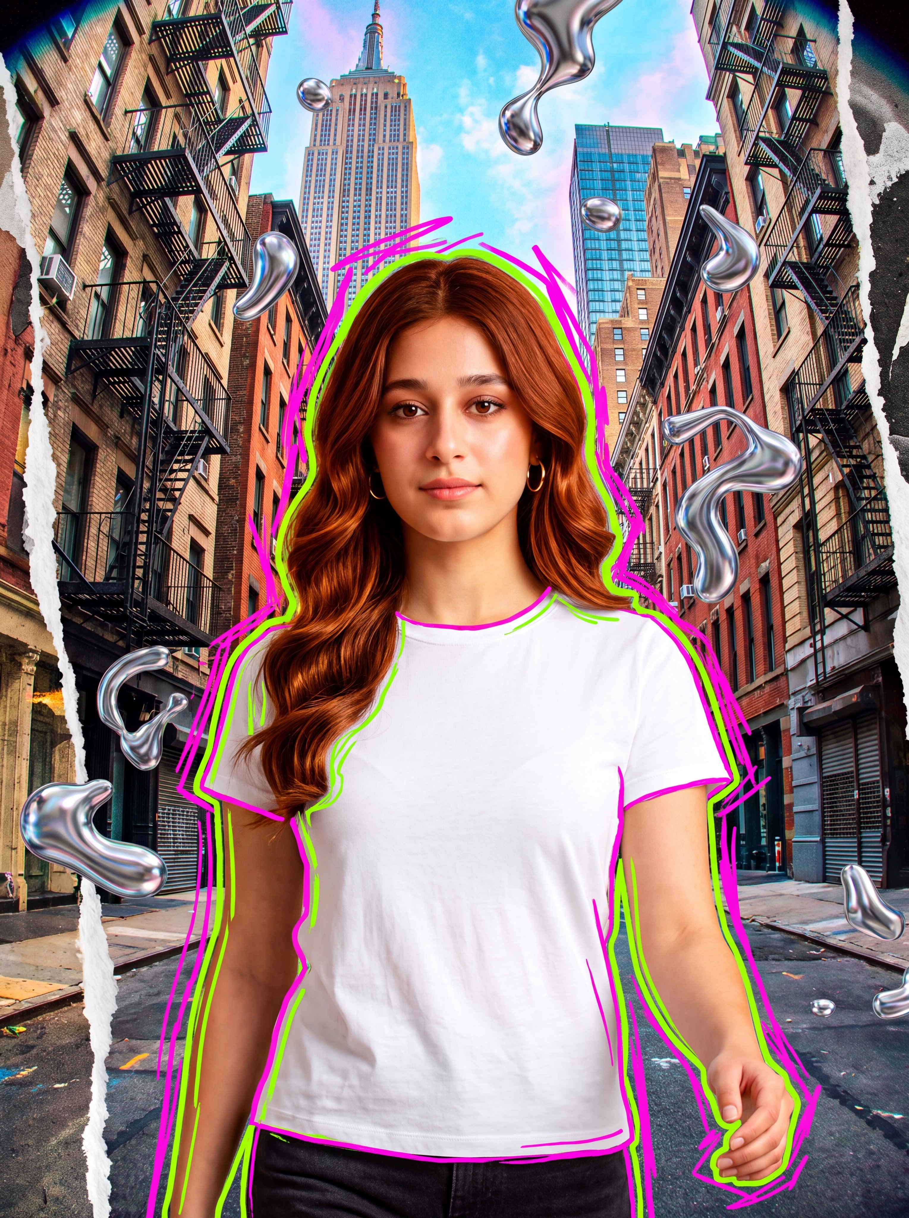 mixed media collage animation style, a stylish young woman walking conf…