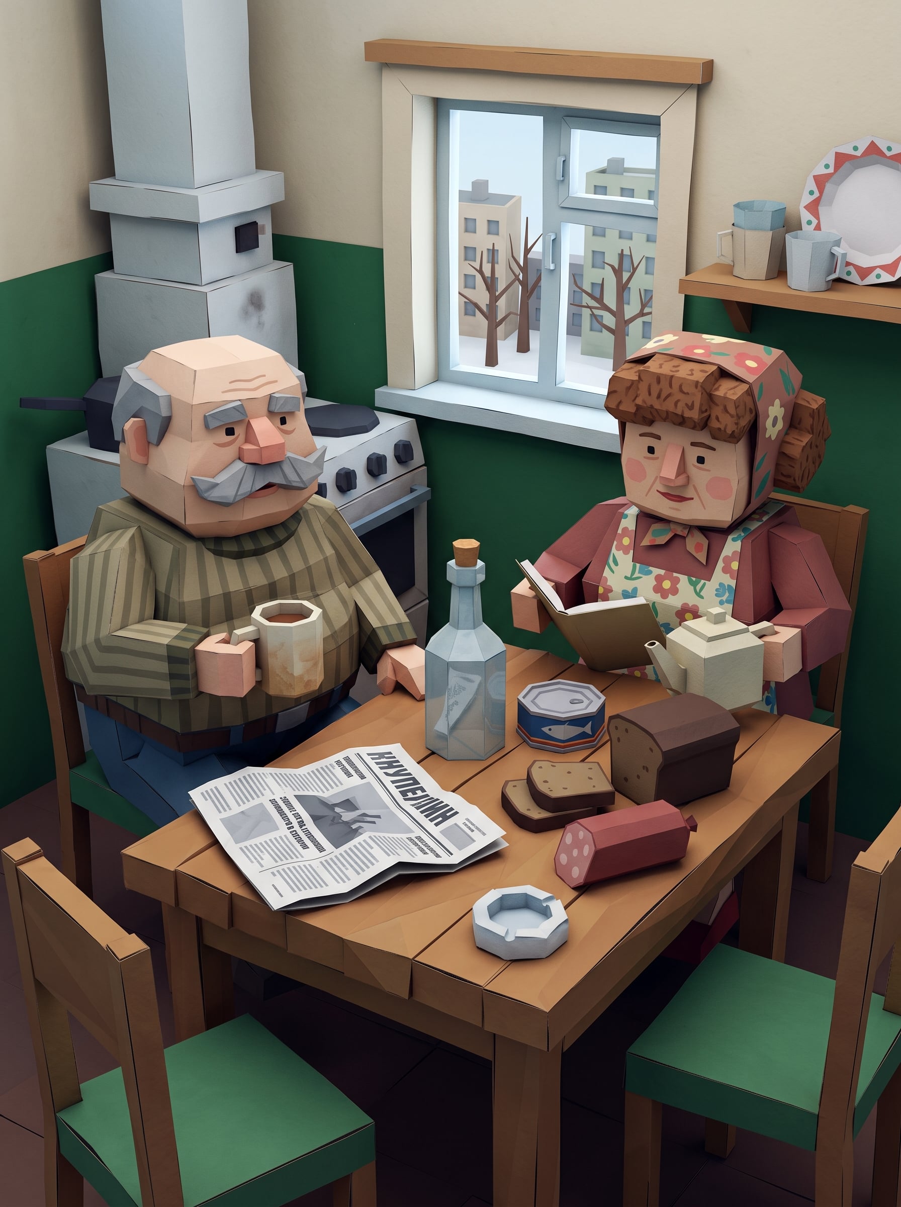 Ironic 3d poster [low poly cubic 3d absurd paper craft] in the style of…
