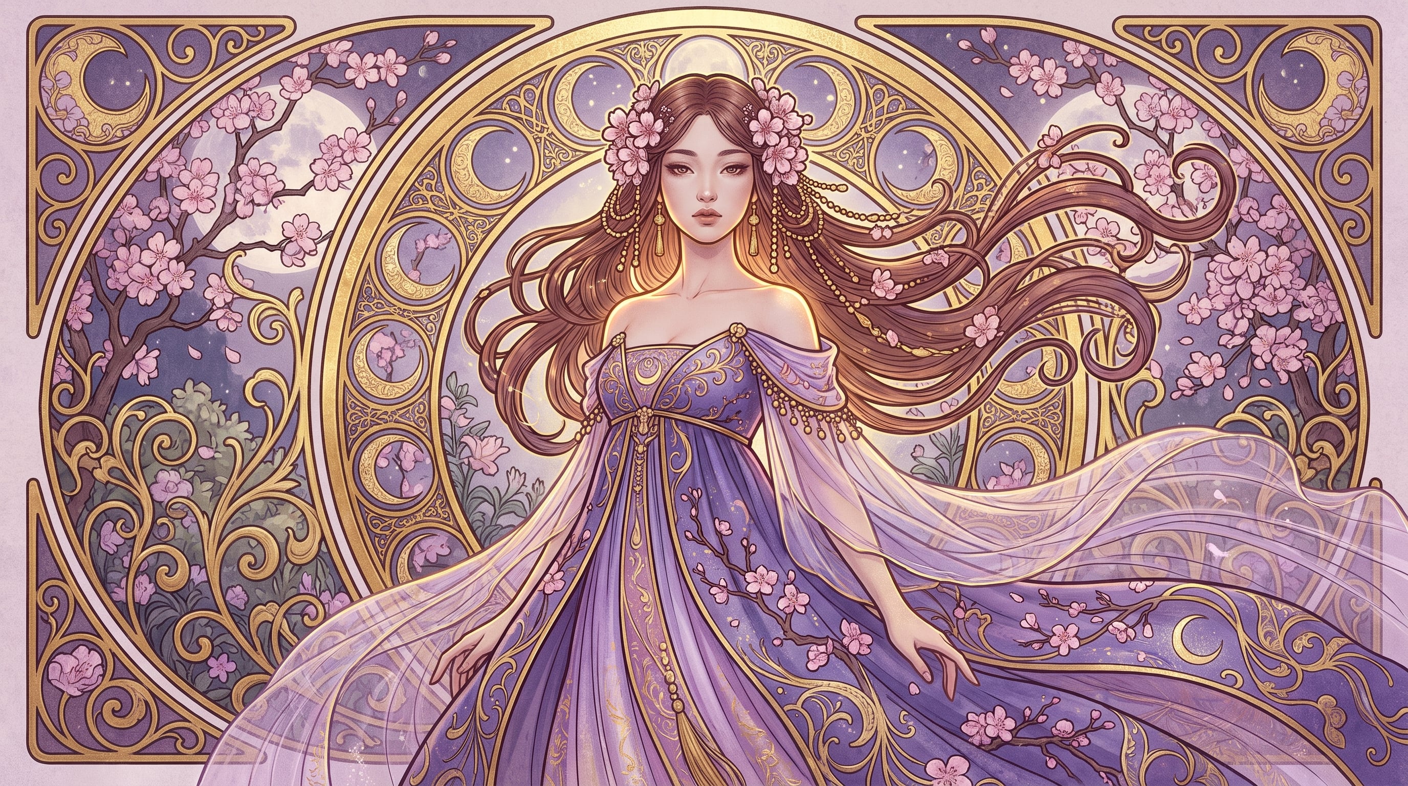horizontal format; an exquisitely ornate Art Nouveau-style poster featu…