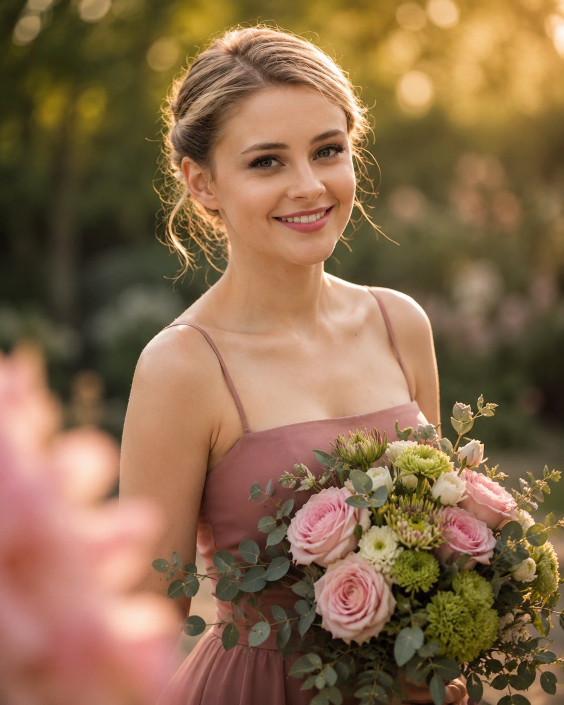 Wide romantic garden editorial shot, young woman in dusty rose spaghett…