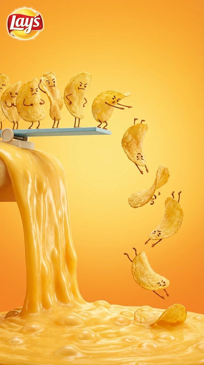Vertical snack advertising visual with playful anthropomorphic tone. At…