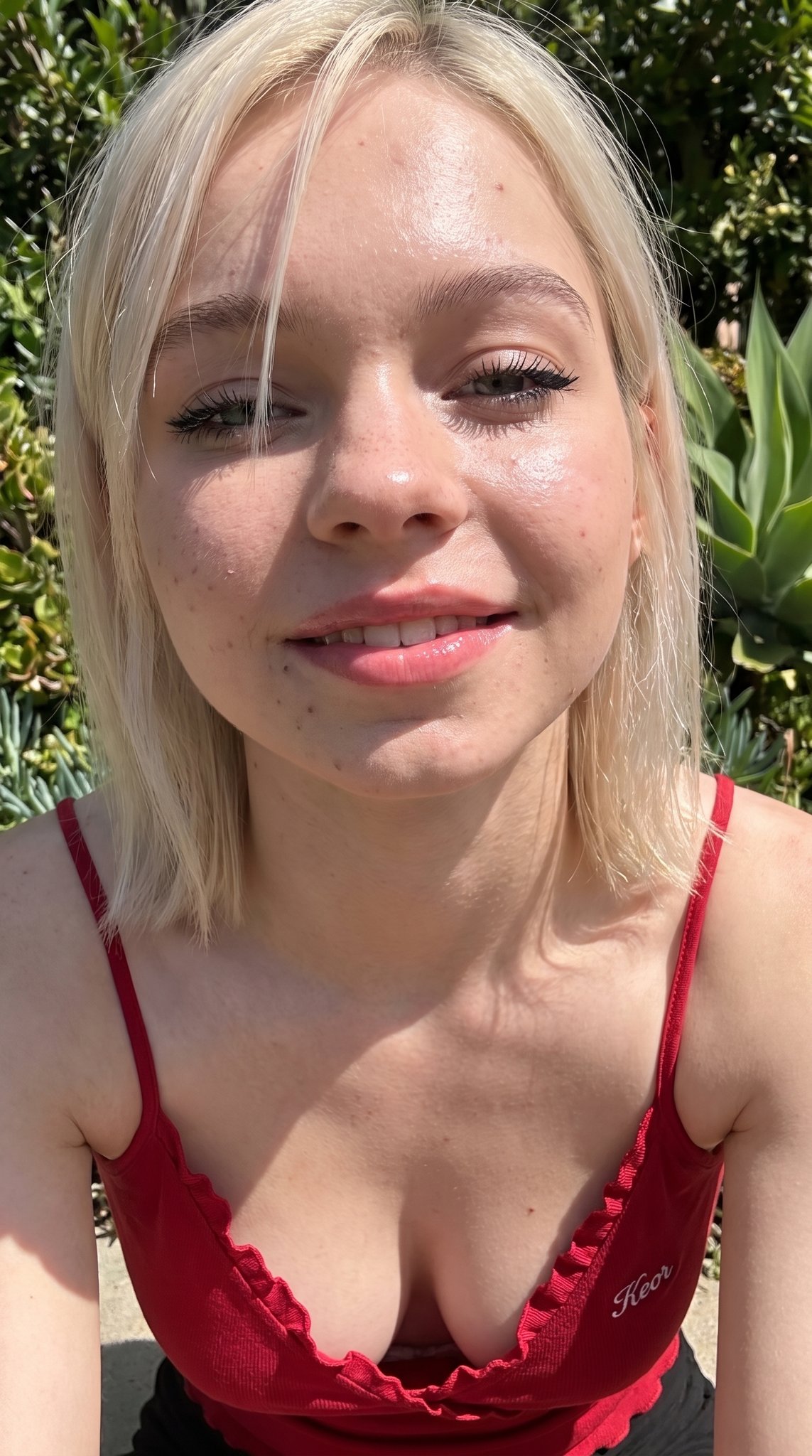 Photorealistic extreme close-up selfie of Emma Myers lookalike, fair to…