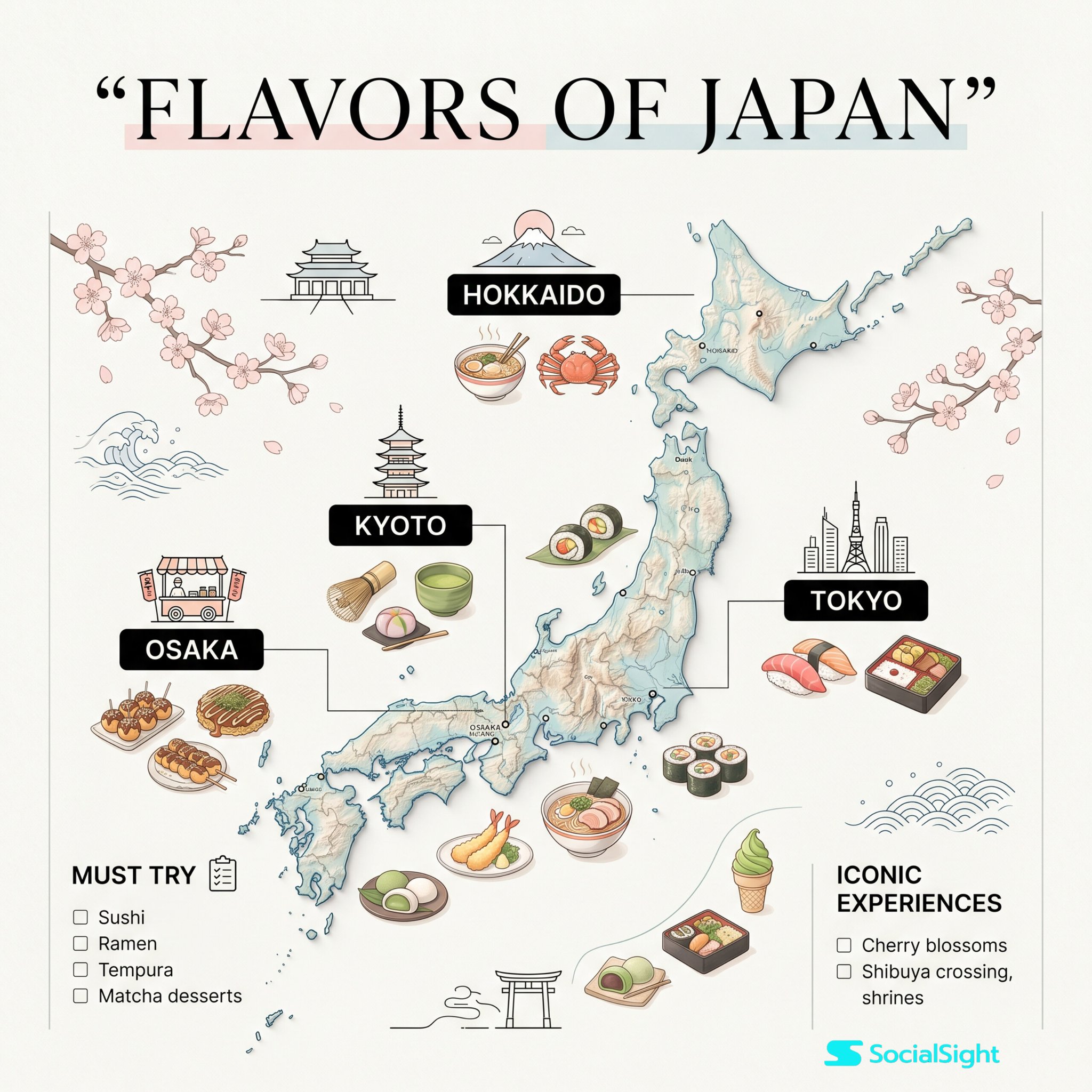 Prompt: Minimal high-end infographic titled “FLAVORS OF JAPAN”, soft of… 1