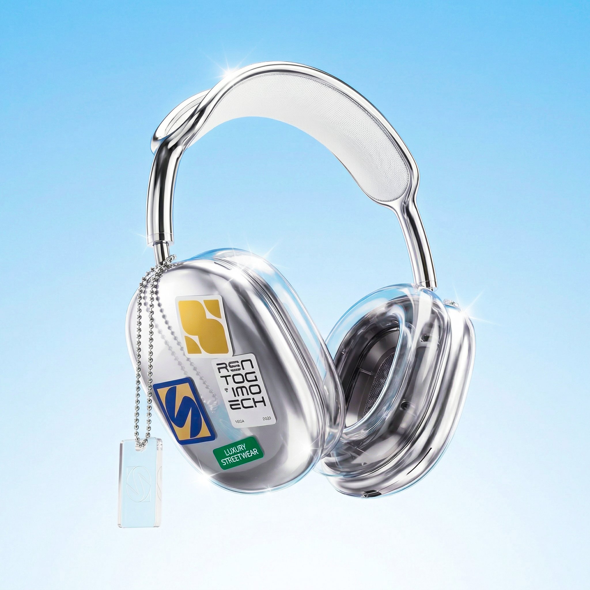 Hyper-polished 3D render of futuristic over-ear headphones floating, ch…