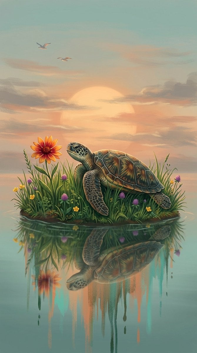 A digital fantasy illustration of a small turtle resting on a grassy ri…