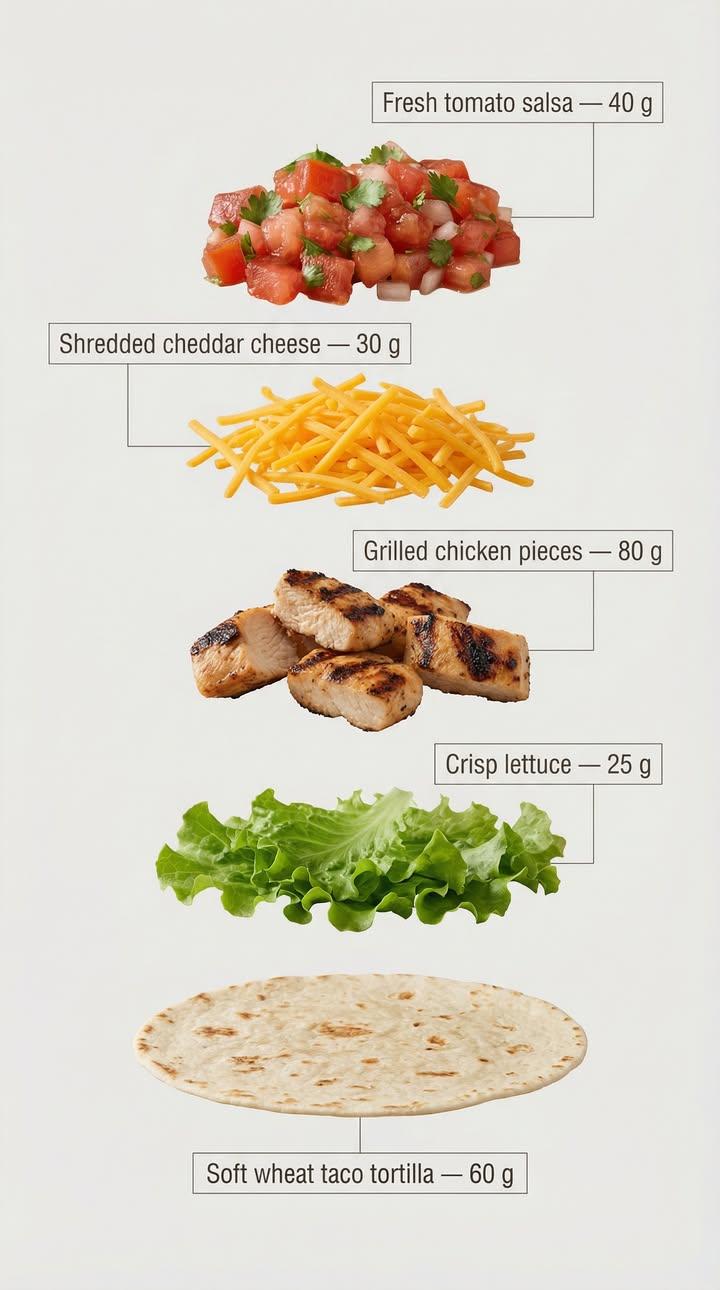 Exploded view of the same taco, presented as a clean, commercial recipe…