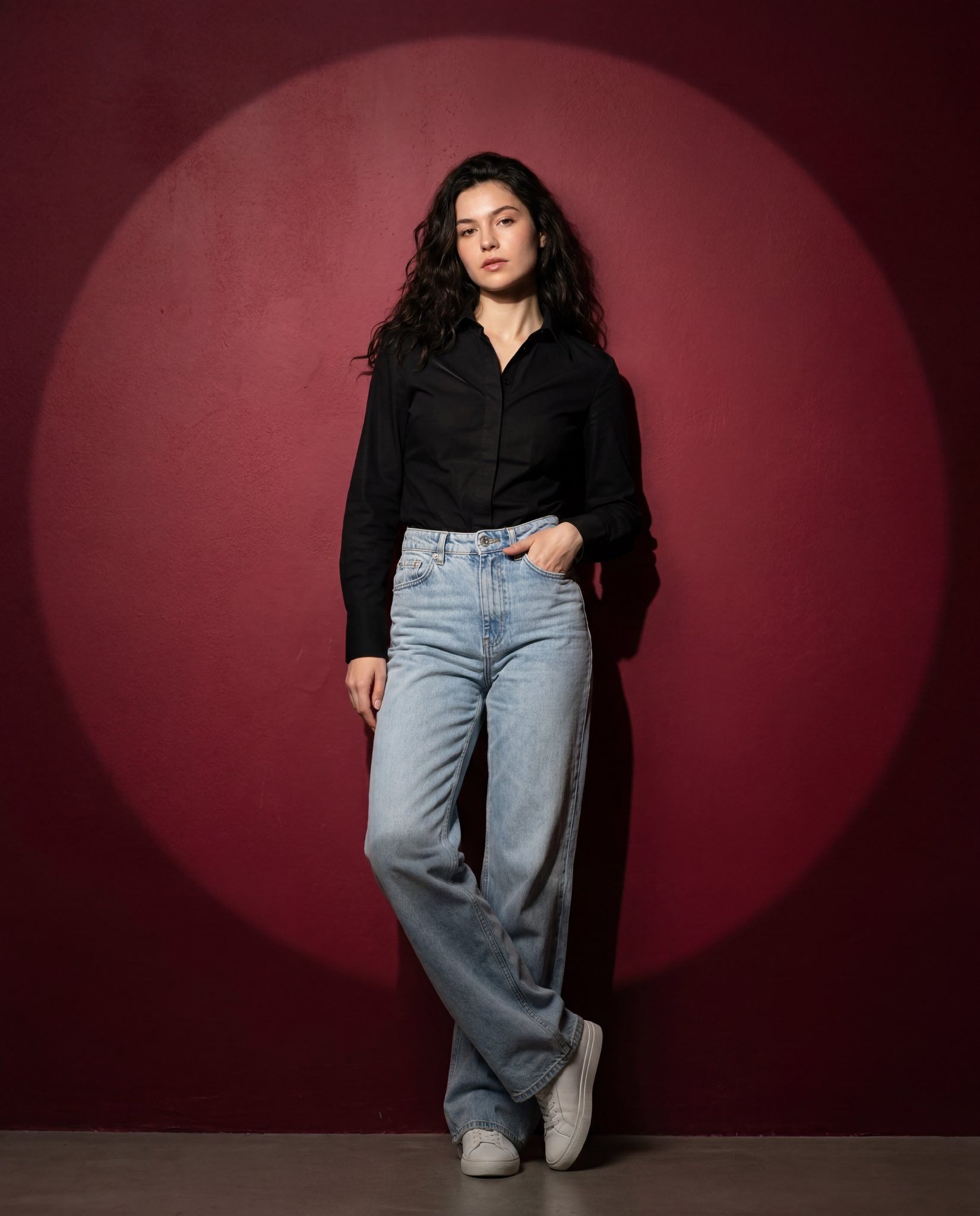 Full-body fashion portrait of a confident woman standing against a deep…