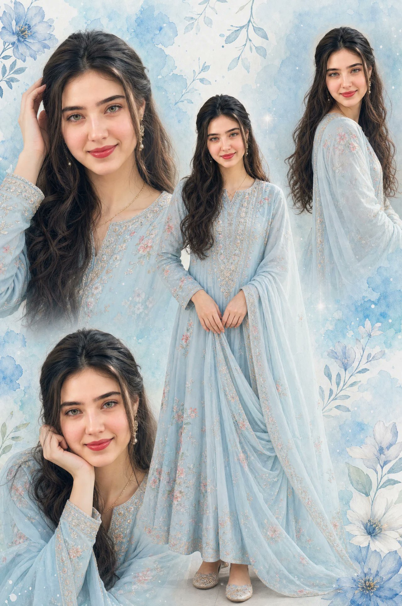 Create a dreamy aesthetic portrait collage of a beautiful young Indian …