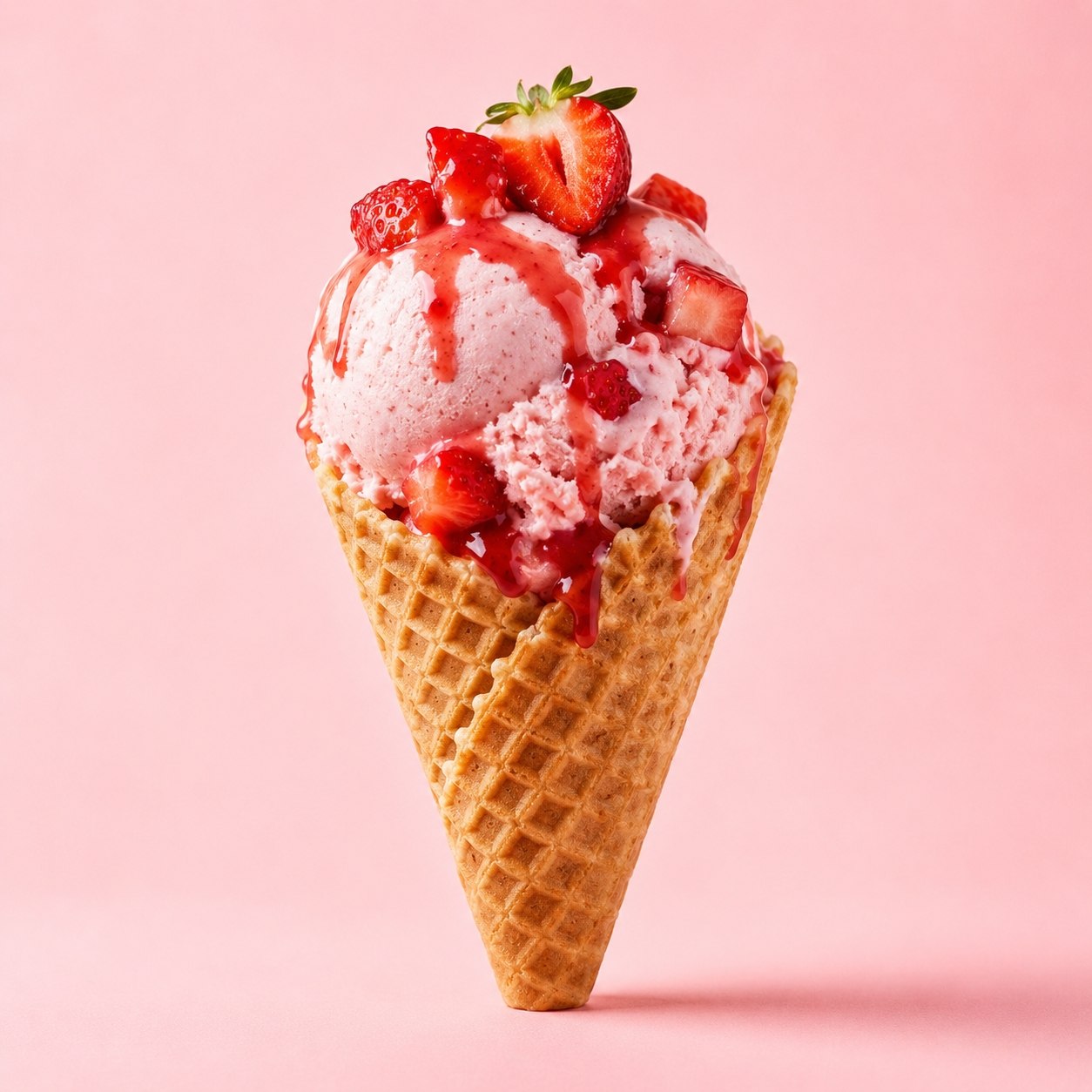 A premium dessert product photograph of a strawberry ice cream cone cen…