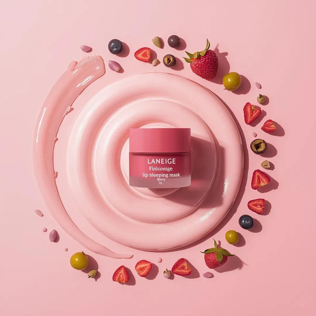A centrally placed pink cosmetic jar labeled “LANEIGE Lip Sleeping Mask… 2