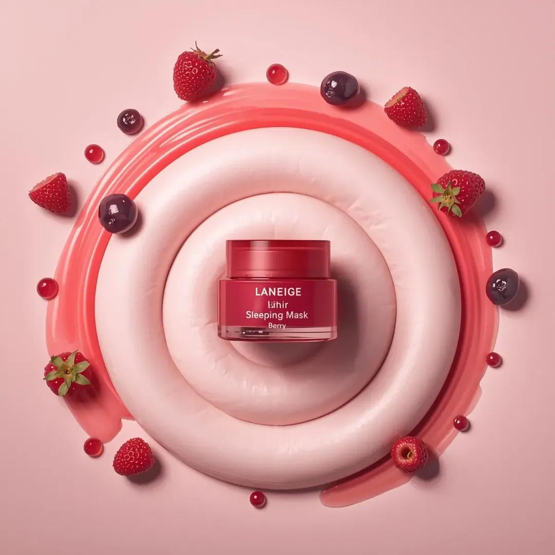 A centrally placed pink cosmetic jar labeled “LANEIGE Lip Sleeping Mask… 1