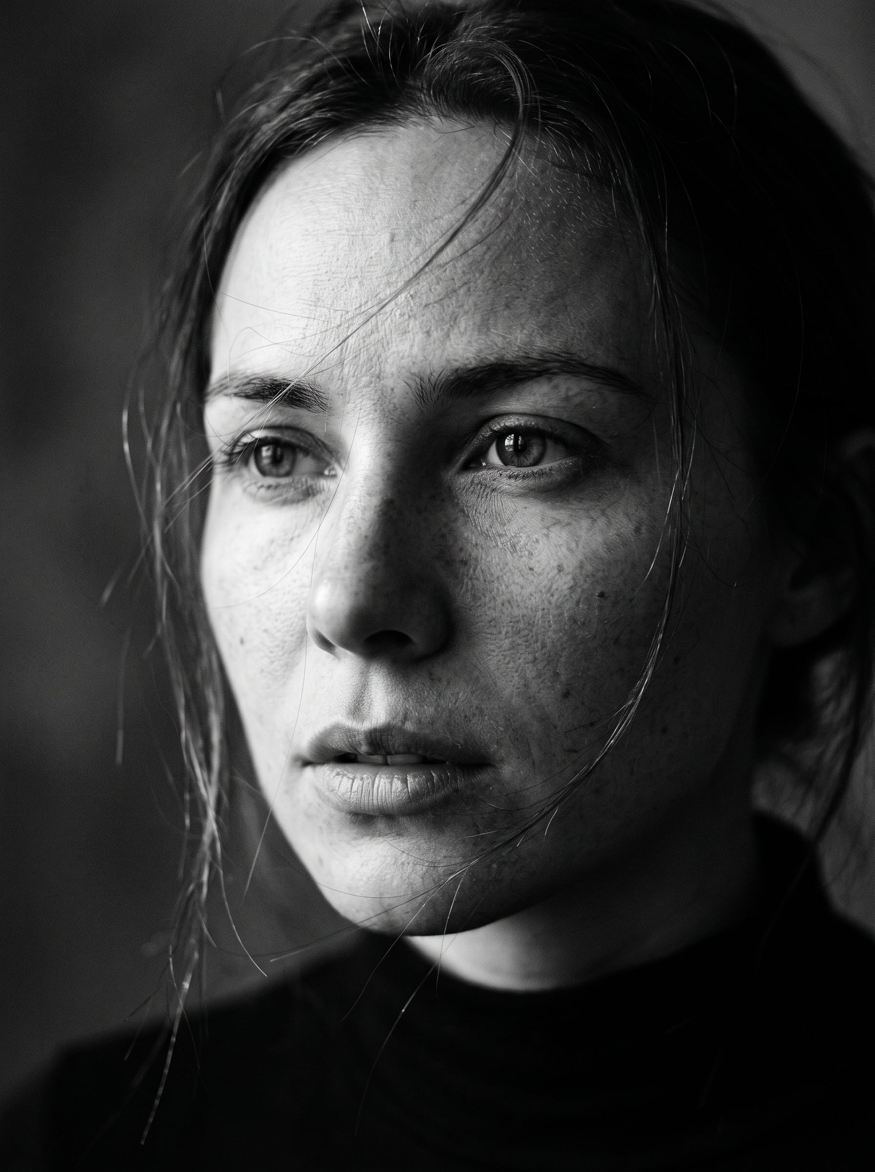 Ultra-detailed black and white cinematic close-up portrait of the woman…