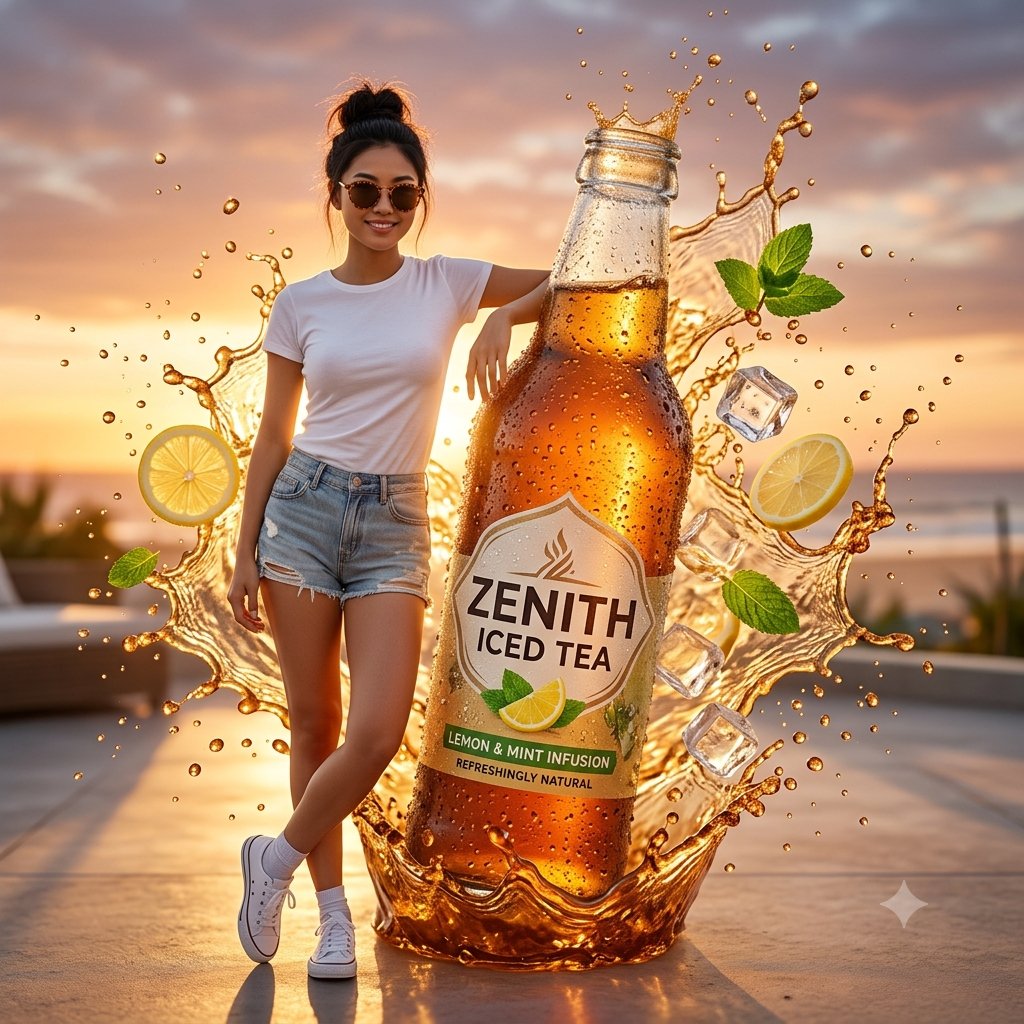 Create a premium commercial beverage advertisement featuring a complete…