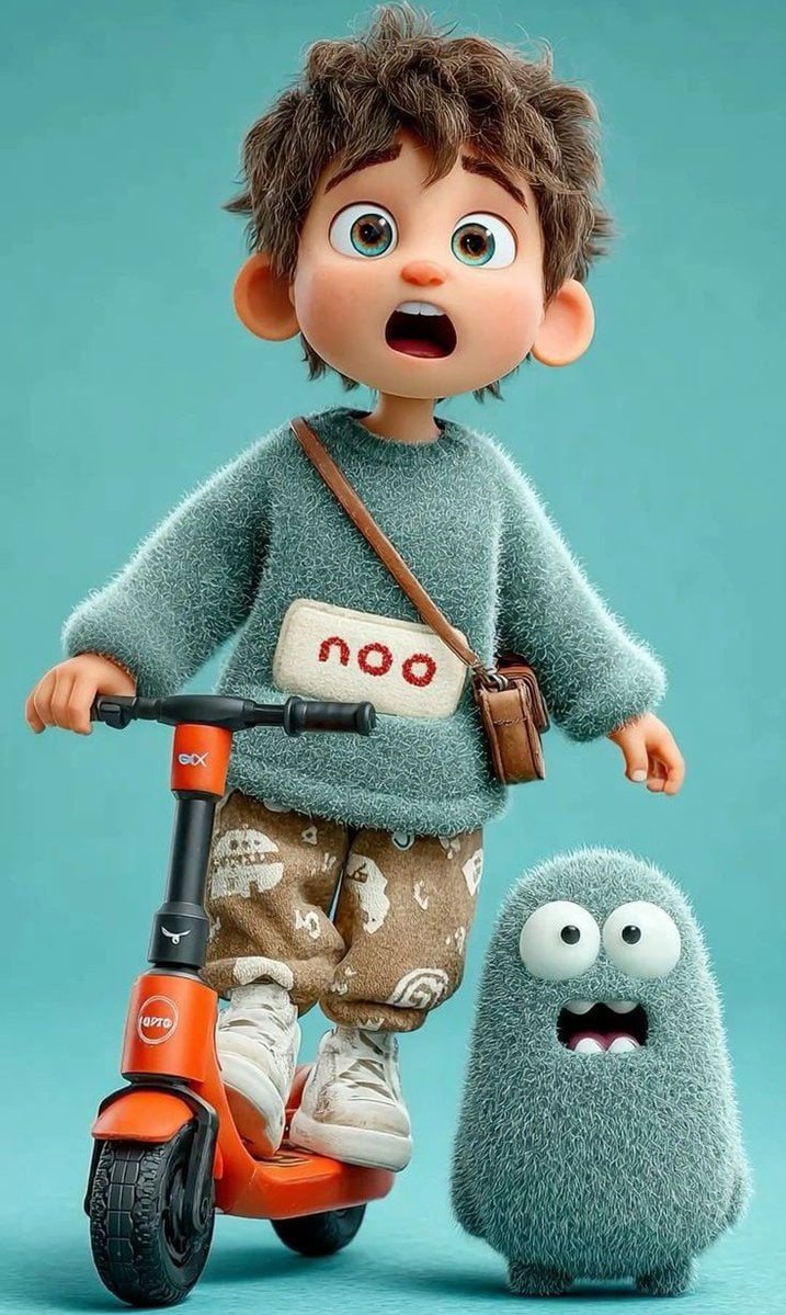 3D Pixar-style animated child character, cute young boy with messy brow…