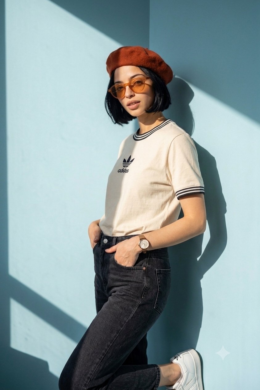 A minimalist fashion editorial portrait of a woman with a sharp black b…