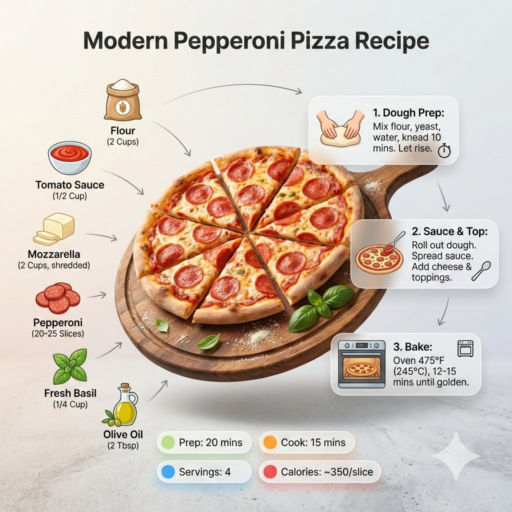 Ultra-clean modern recipe infographic. Showcase Pizza in a visually app…