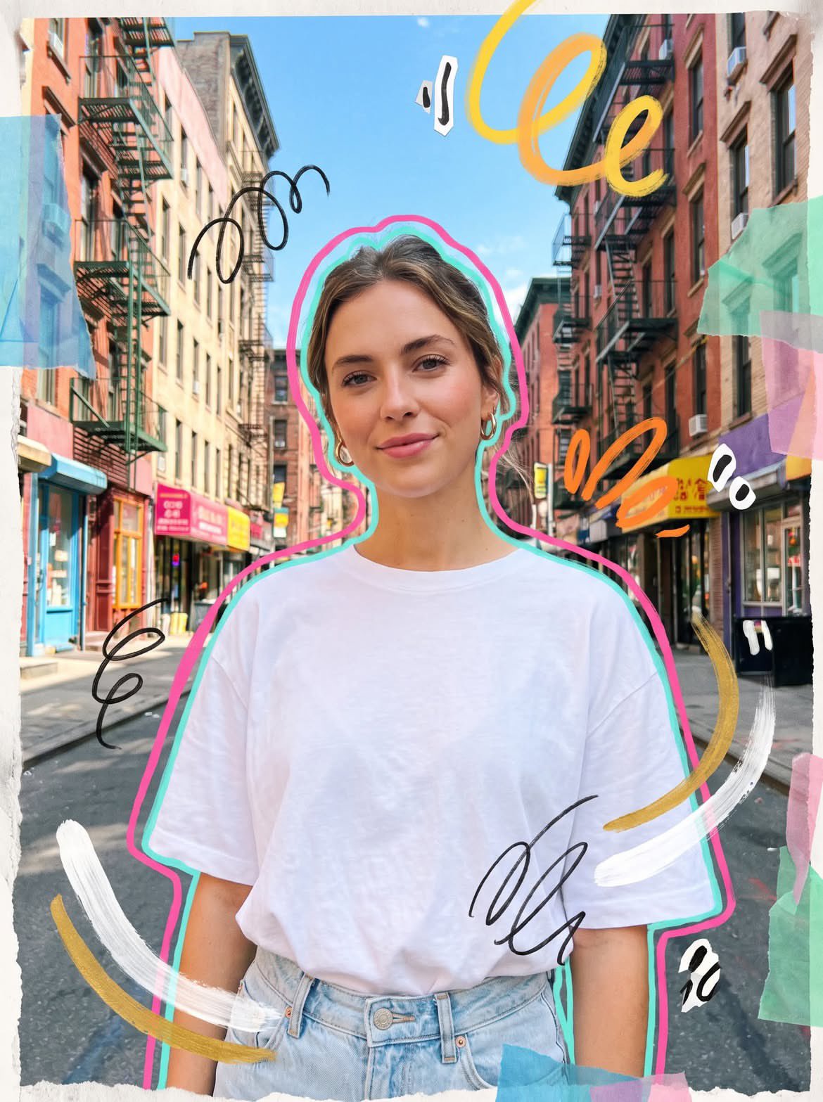 Photorealistic mixed media collage street portrait of a young woman on …